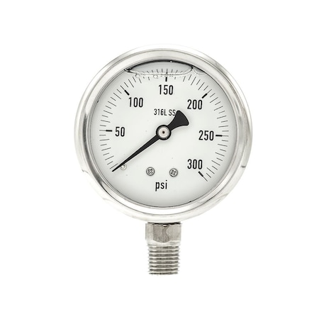Pro 2 1/2 in Dial, 0/300 PSI, 1/4 in NPT, Lower Mount Glycerin Filled Pressure Gauge PRO-301L-254H